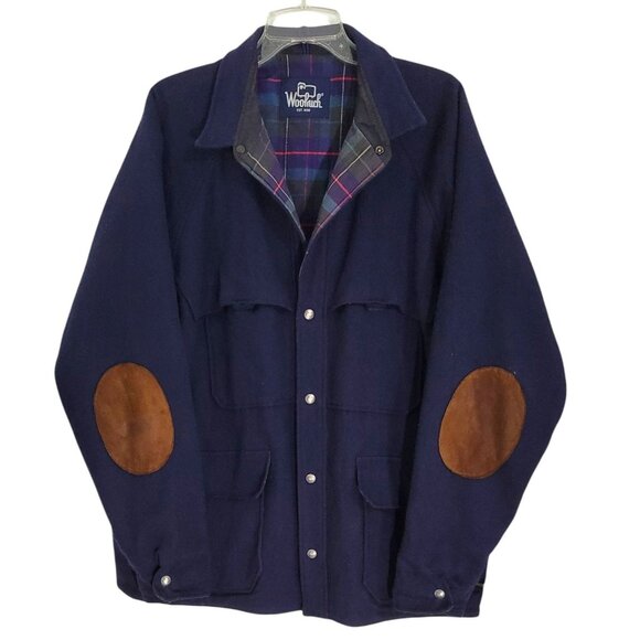 Woolrich Mens Navy‎ Blue Snap Front Jacket Long Sleeve Elbow Patches Size L - Picture 1 of 12